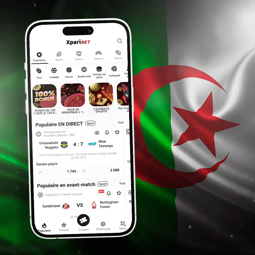 Interface de l'application Xparibet APK en français — accueil avec football, tennis, basket-ball, casino, esports, bonus 100% et paris en direct pour les joueurs algériens